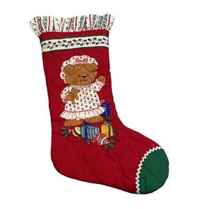 Vintage Quilted Stocking Teddy Bear Nightgown Present Christmas Holiday Kids 80s